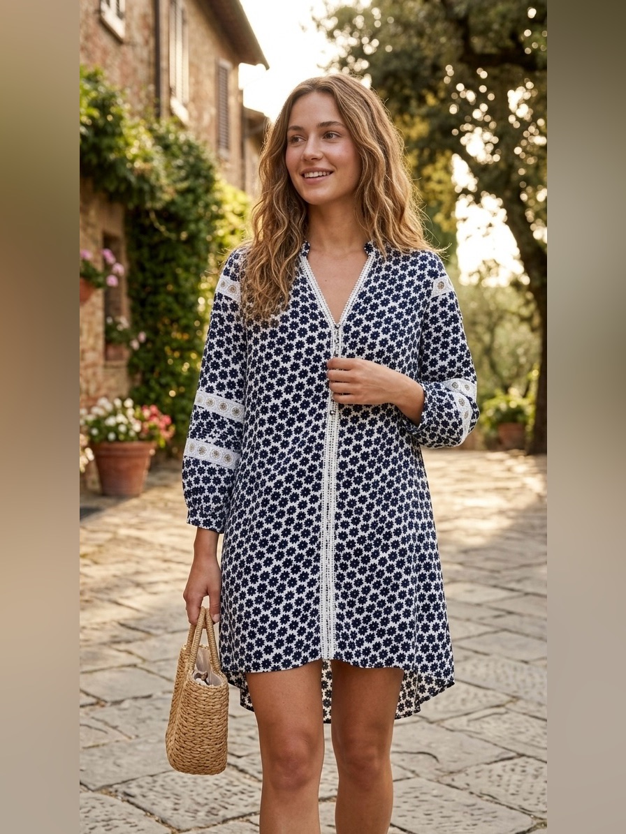 Diane Von Furstenberg (Dvf) Navy Geometric Floral Eyelet Tunic Mini Dress